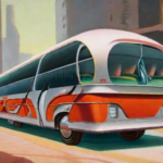 A red bus from a futuristic totalitarian society