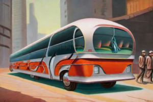 A red bus from a futuristic totalitarian society