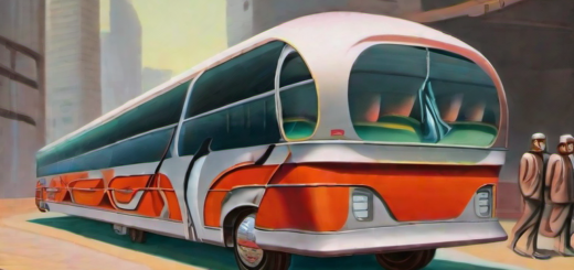 A red bus from a futuristic totalitarian society