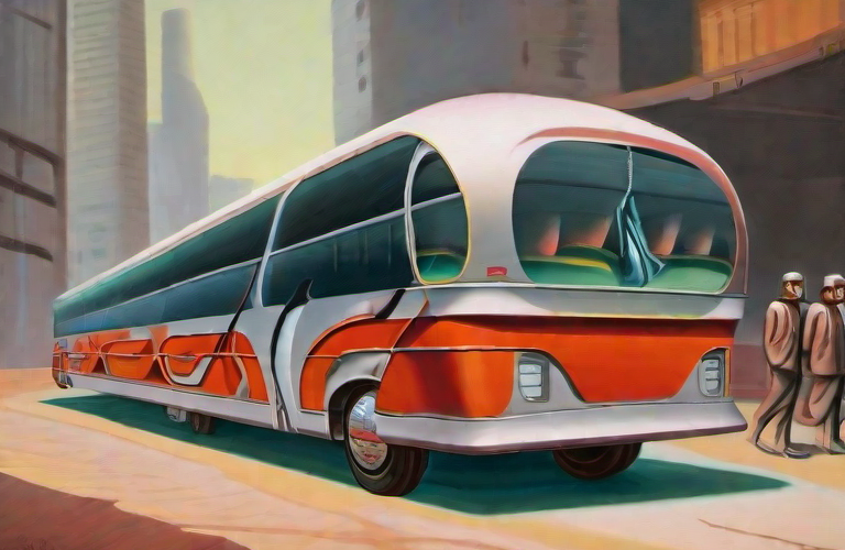 A red bus from a futuristic totalitarian society