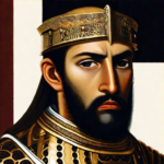 A prince with dark hair, dark eyes and a beard in gold armour.