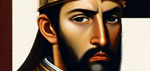 A prince with dark hair, dark eyes and a beard in gold armour.