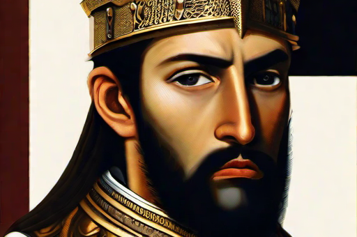 A prince with dark hair, dark eyes and a beard in gold armour.