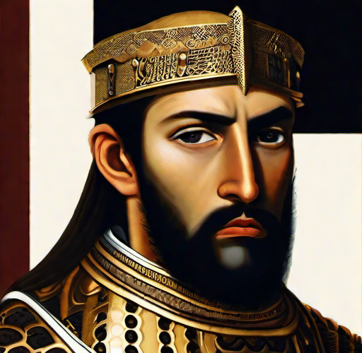 A prince with dark hair, dark eyes and a beard in gold armour.