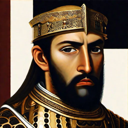 A prince with dark hair, dark eyes and a beard in gold armour.