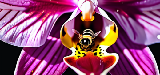 A bee within a pink, orchid blood.