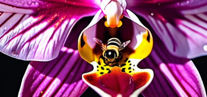 A bee within a pink, orchid blood.