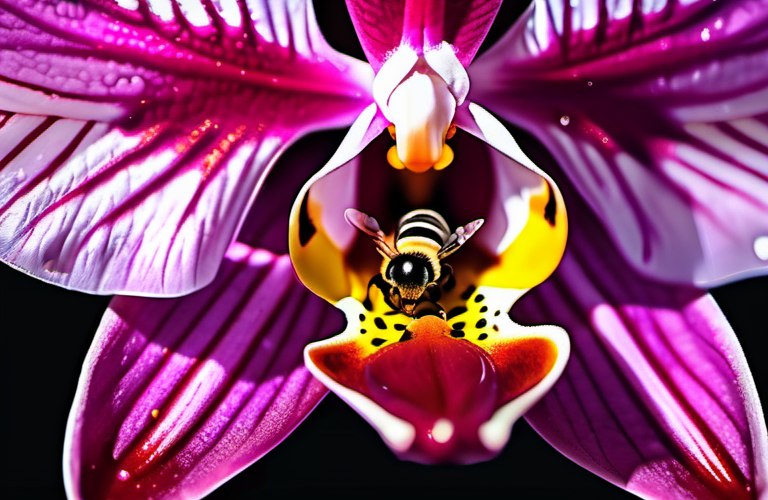 A bee within a pink, orchid blood.