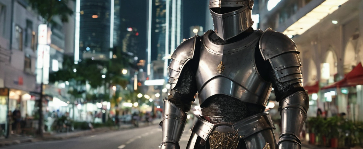 A knight in shining armour standing on a street in a futuristic city. An example of a secondary world anachronism.