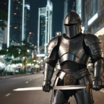A knight in shining armour standing on a street in a futuristic city. An example of a secondary world anachronism.