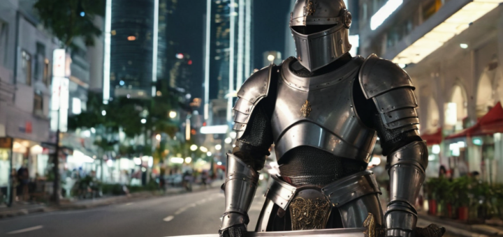 A knight in shining armour standing on a street in a futuristic city. An example of a secondary world anachronism.