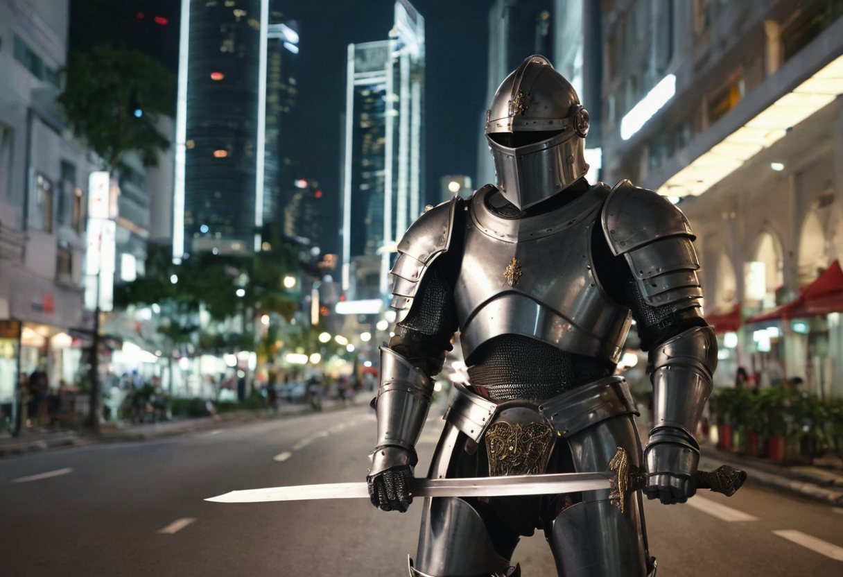 A knight in shining armour standing on a street in a futuristic city. An example of a secondary world anachronism.