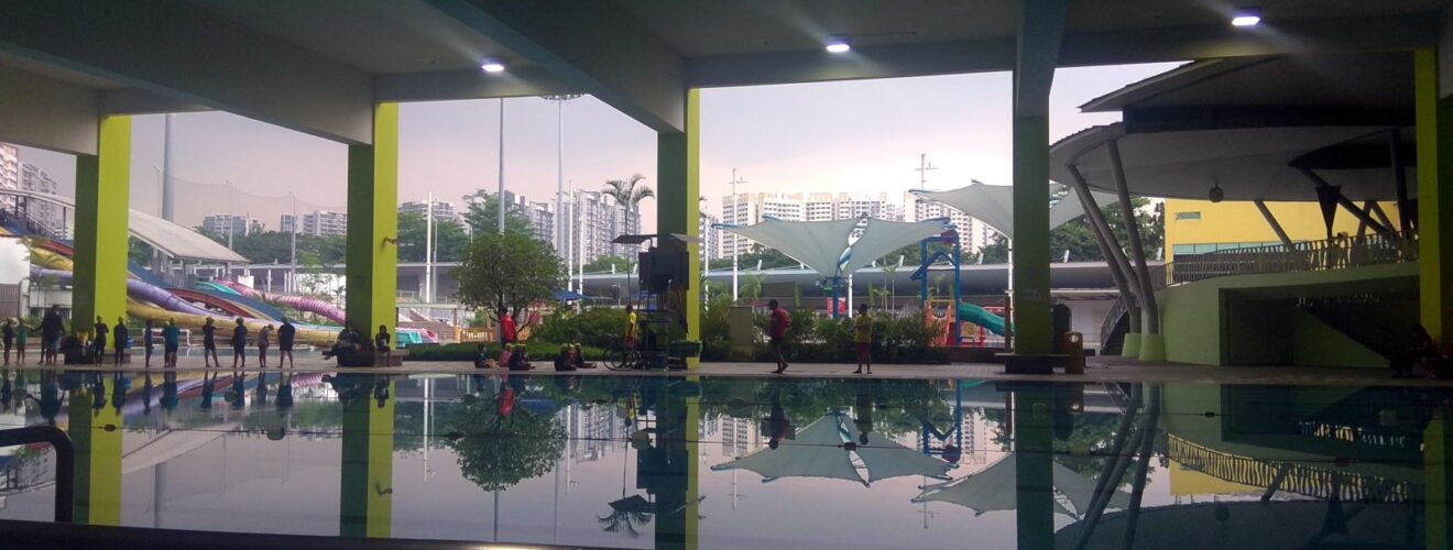 A shot of the pool with everyone waiting for the storm to pass