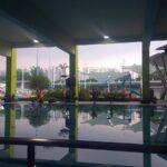 A shot of the pool with everyone waiting for the storm to pass