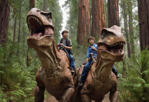 Boys riding t-rexes while chasing terrible troodons