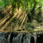 A waterfall surrounded by green forest with streaks of sunlight dappling the water.